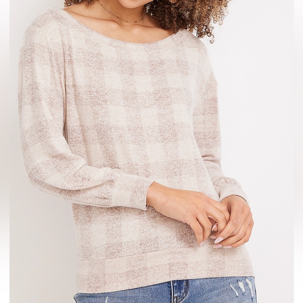 NWT Plaid Button beige tan Sleeve Dolman long sleeve